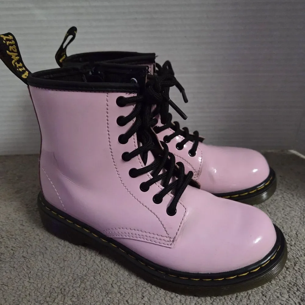 Dr. Doc Martens 1460J YOUTH Kids Pink Patent Leather Combat Ankle Boots Sz 2